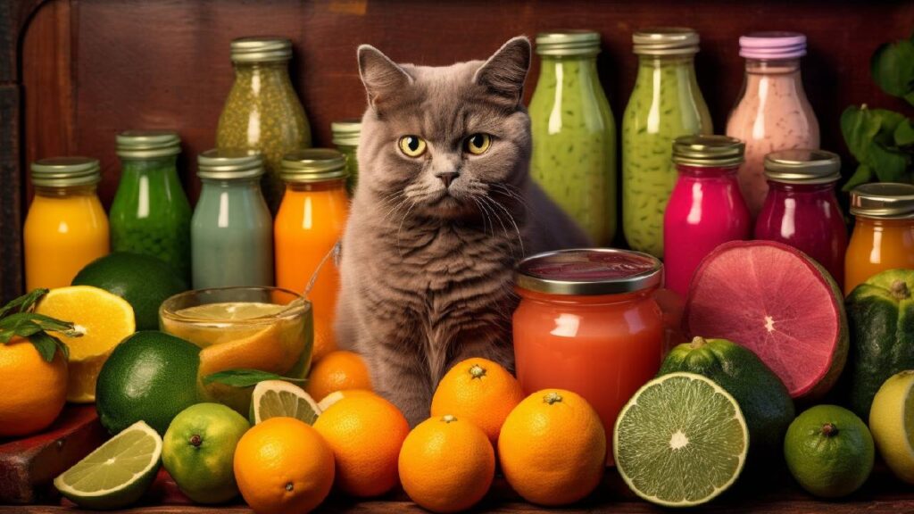 a cat and juice bottles