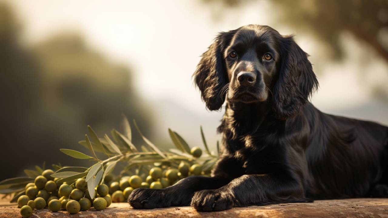 a dog and olives
