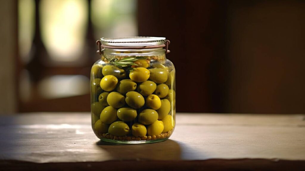 a jar with homemade olives