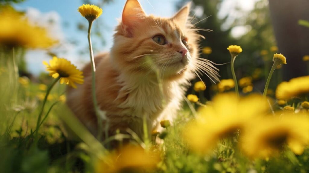 cat and dandelions