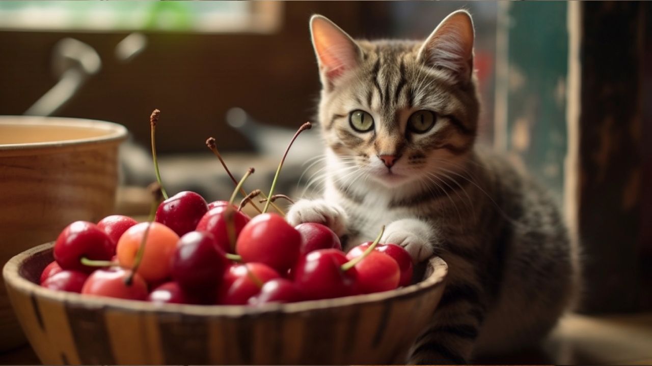 cat eating cherries