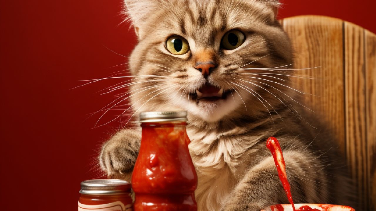 cat eating ketchup