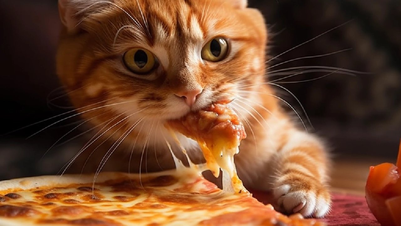 cats eating pizza