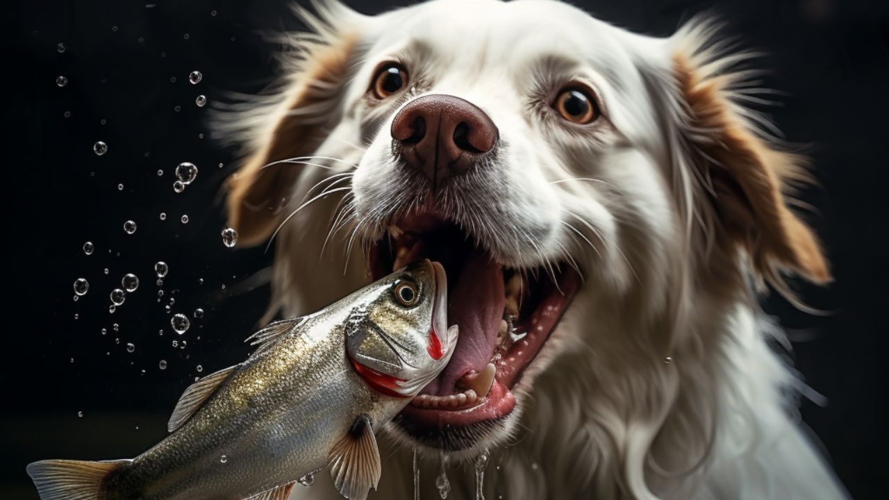 dog eats salmon