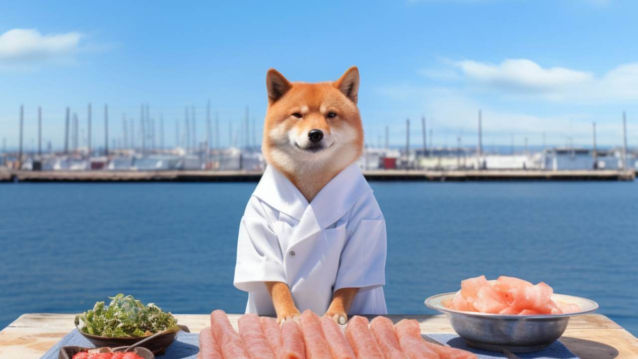 pieces of fish on the table and a dog