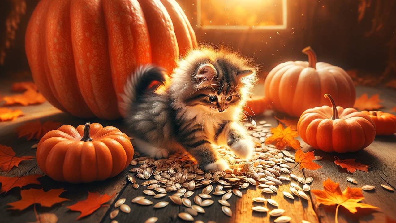 A cat and pumpkin seeds