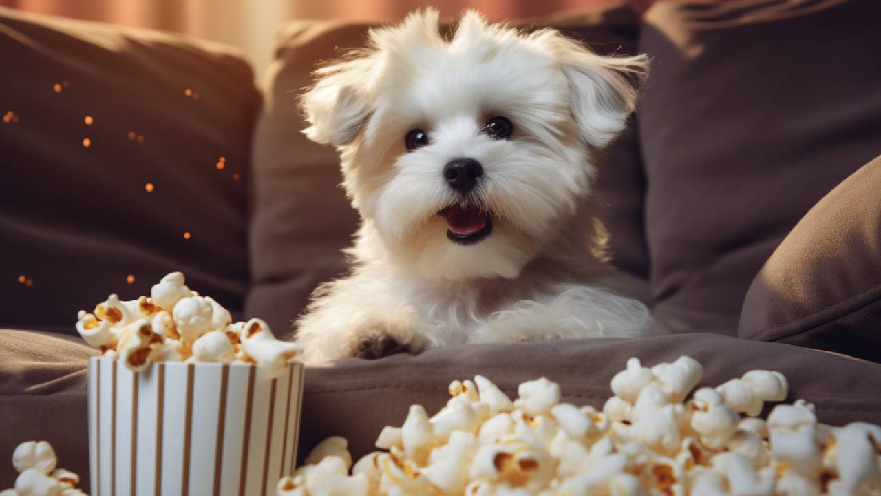 Dog eat popcorn