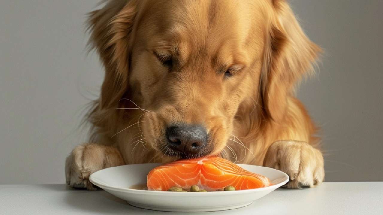 dog eating salmon