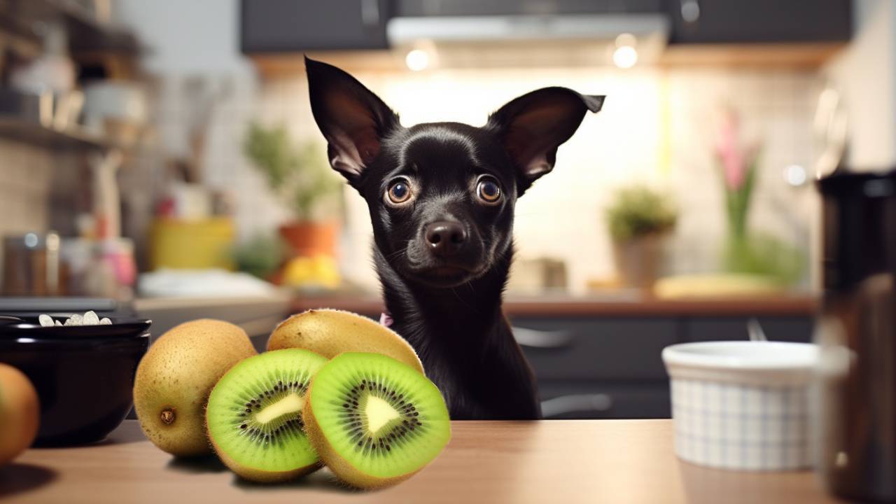 dog in the kitchen eating kiwi