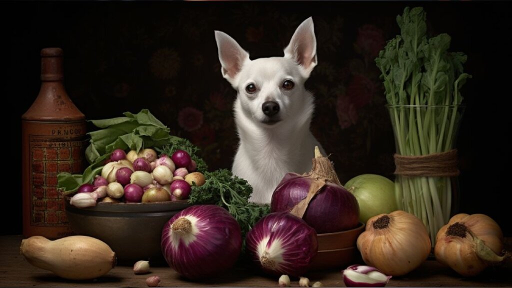 Dog eating onions