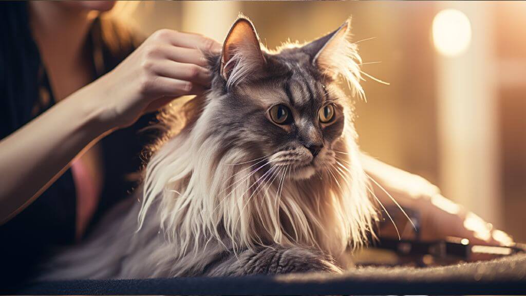 grooming a longhaired cat