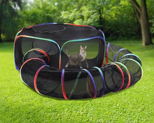 Cat Enclosure Outdoor Cat Playpen, Portable Cat Tents for Outside, Foldable Cat Tunnel for Indoor Cats,Kitty and Small Animals,Tents Enclosure with Carry Bag, Rainbow Color
