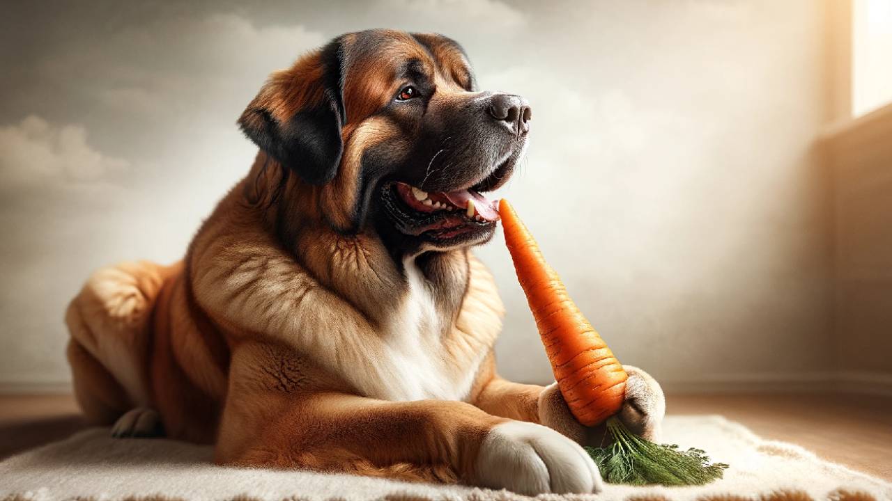 Dog is sitting and eating a carrot image