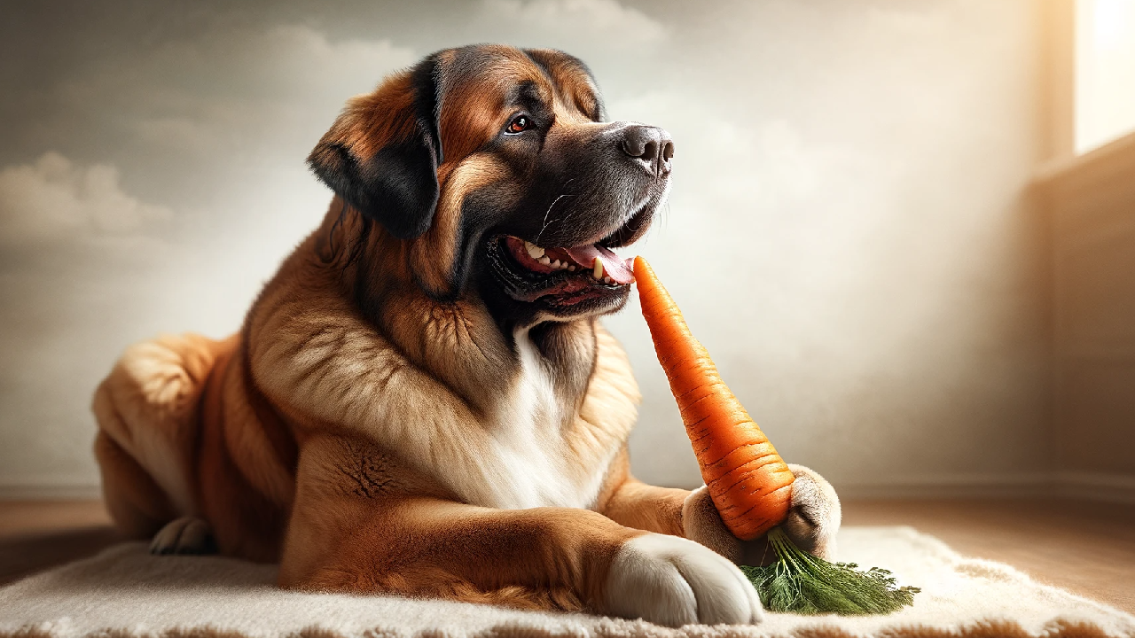 Dog is sitting and eating a carrot