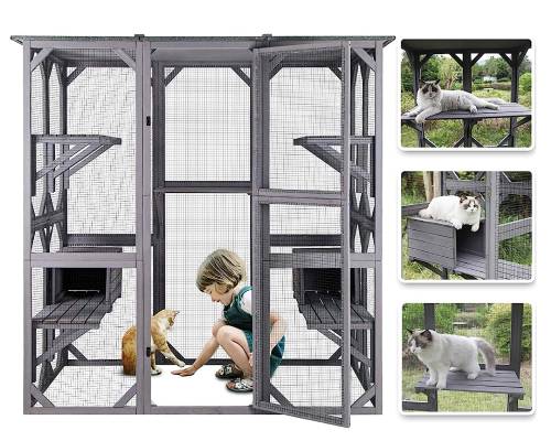 Gutinneen Large Cat House Outdoor Walk in Wooden Cat Enclosure Indoor Cage Kitty Condo Playpen with Door, Platform & Small House