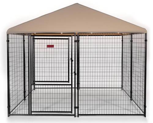 Lucky Dog Presidential Black Powder Coat Steel Frame Large Outdoor Dog Kennel with Waterproof Canopy Roof and Gate Door, Khaki