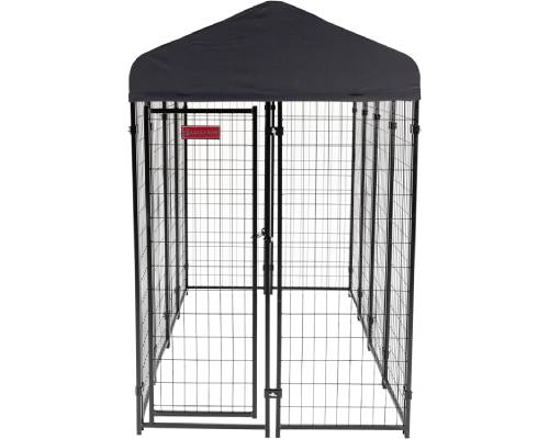 Lucky Dog Stay Series 4' x 8' x 6' Black Powder Coat Steel Frame Villa Large Outdoor Dog Kennel with Waterproof Canopy Roof & Single Gate Door, Grey
