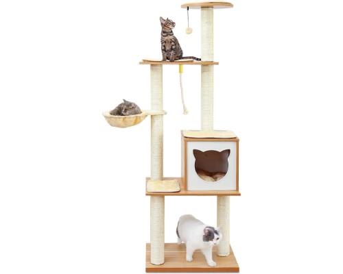 Made4Pets Cat Tree, Modern Cat Tree Tower for Indoor Cats - 65_ Tall Wood Condo with Hammock