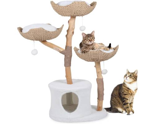Modern Indoor Cat Tree with Multiple Levels _ Solid Real Wood Cat Tower, Luxury Cat Furniture for Climbing, Scratch Free Rope with Pom-Pom, Cat Bed, Fits up to 4 Cats, Ideal for Large or Small Cats