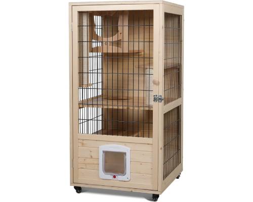 PANTAZO Wooden Cat House Large Space Cat Cage with Scratching Post and Lockable Wheels Double Layer Cat House with Escape Door Outdoor_Indoor