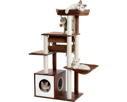 PEQULTI 51.4 Inches Modern Cat Tree Premium 6 Levels Wooden Cat Tower with Fully Sisal Covered Scratching Posts