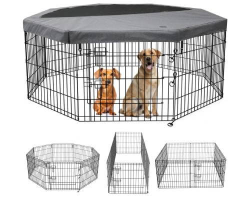 PETIME Foldable Metal Dog Exercise Pen_Pet Puppy Playpen Kennels Yard Fence Indoor_Outdoor 8 Panel 24_ W x 24_ H with Top Cover