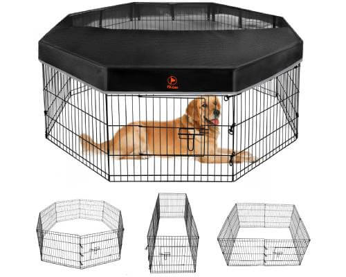 PJYuCien Dog Playpen - Metal Foldable Dog Exercise Pen, Pet Fence Puppy Crate Kennel Indoor Outdoor with 8 Panels 24”H & Top Cover for Small Medium Pets