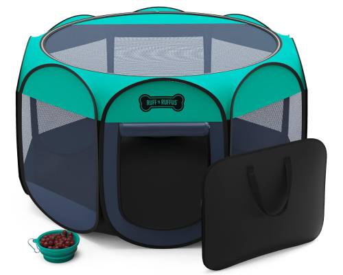 Ruff 'n Ruffus Portable Pet Playpen _ Premium Indoor_Outdoor Foldable Pen _ Water-Resistant + UV Shade _ Bonus_ Free Case & Travel Bowl