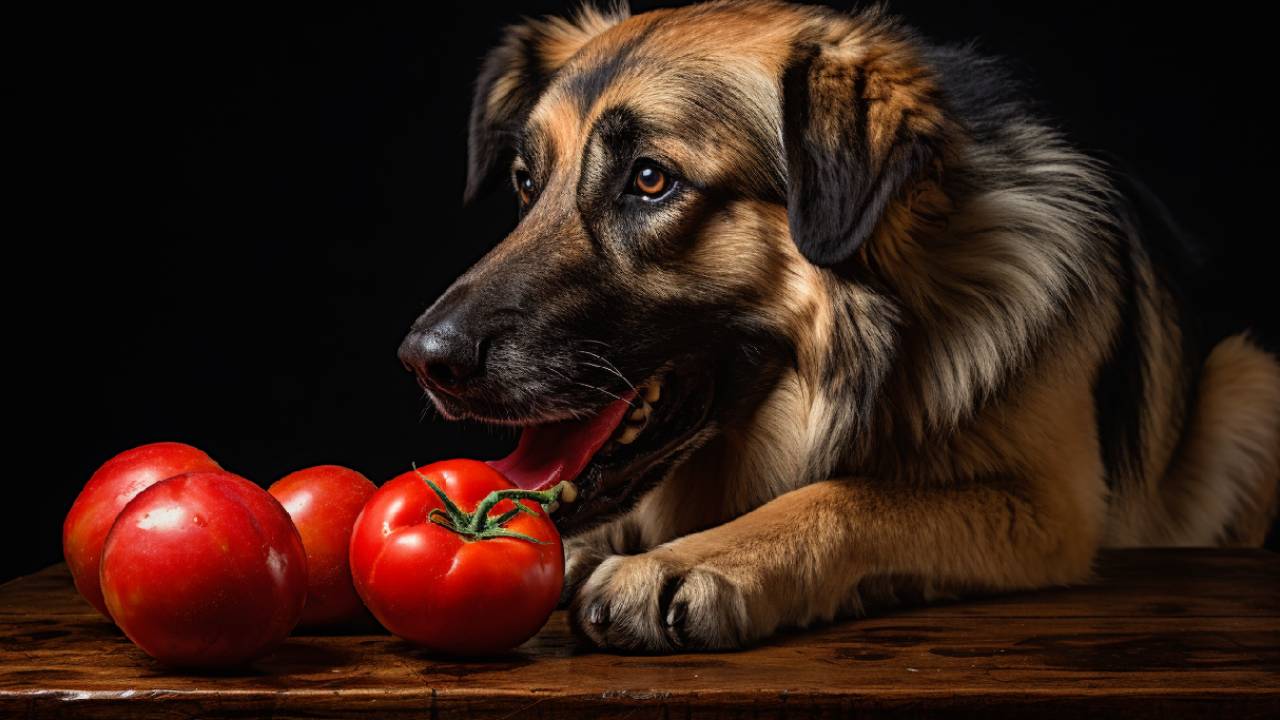 dog is eating tomatoes image