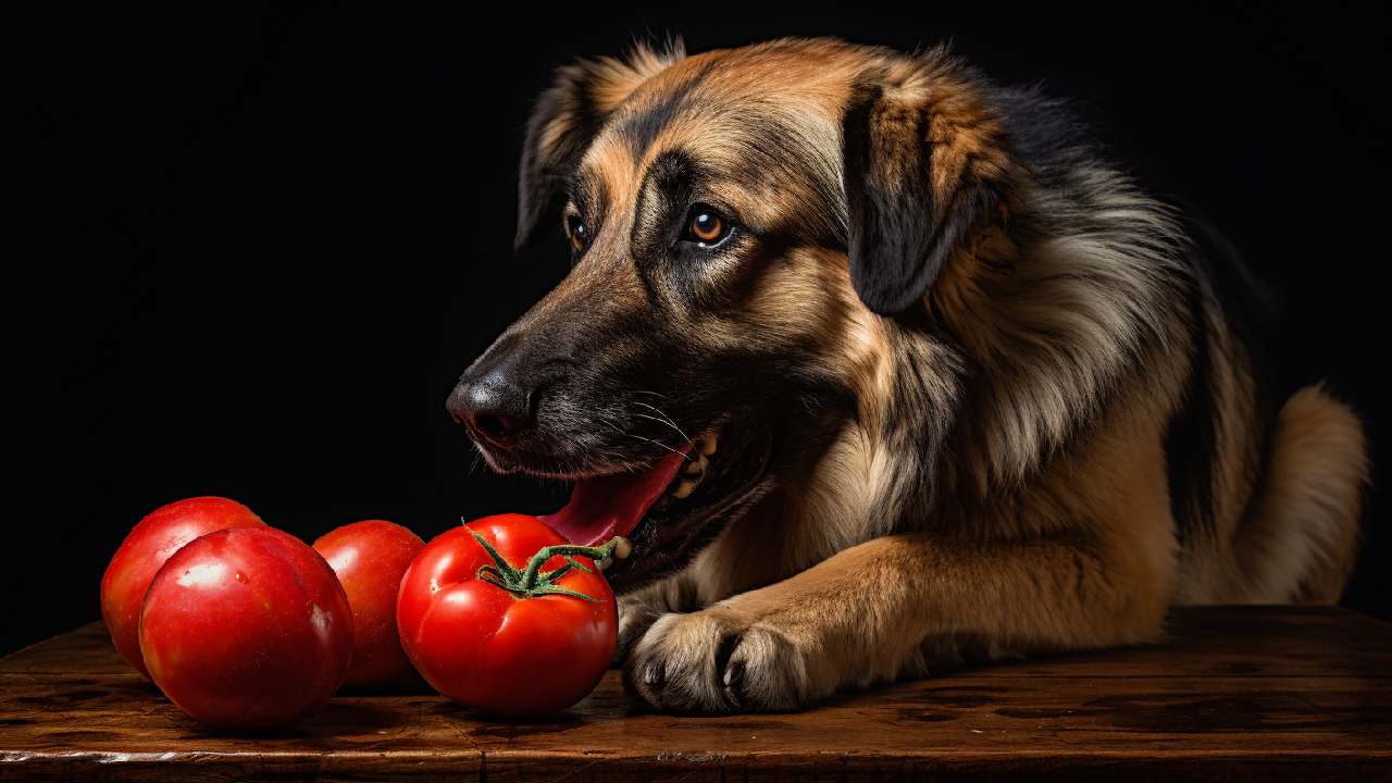dog is eating tomatoes