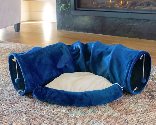 Cat Tunnel and Bed Toy Set with Removable Plush Bed for Indoor Use