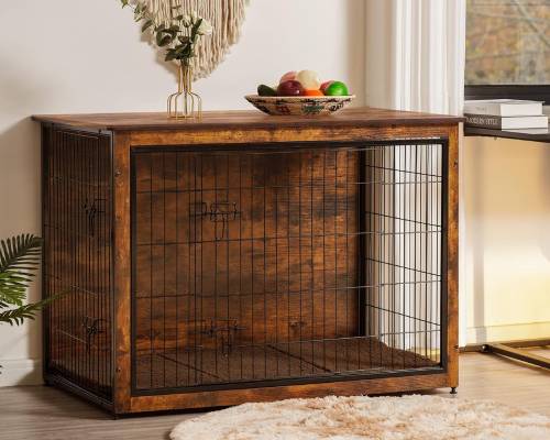 DWANTON Dog Crate Furniture with Cushion, XL Wooden Dog Crate with Double Doors