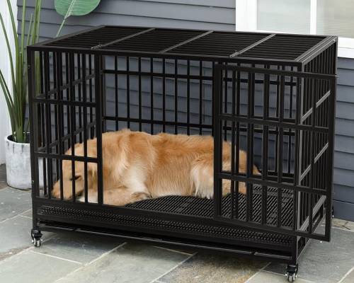 LEMBERI 48_38 inch Heavy Duty Indestructible Dog Crate, Escape Proof Dog Cage Kennel with Lockable Wheels