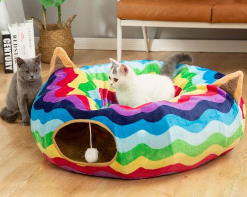 LUCKITTY Large Cat Tunnel Bed with Plush Cover,Fluffy Toy Balls