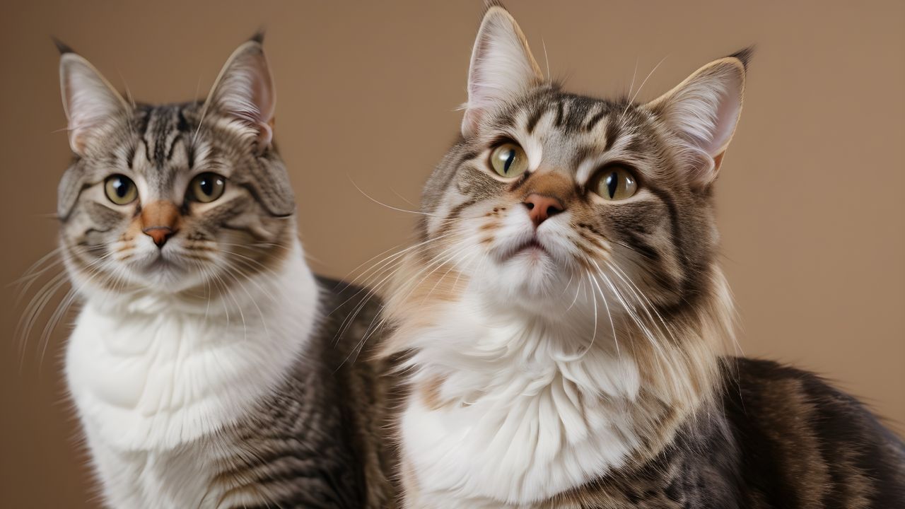 two cats domestic shorthair and longhair tabby